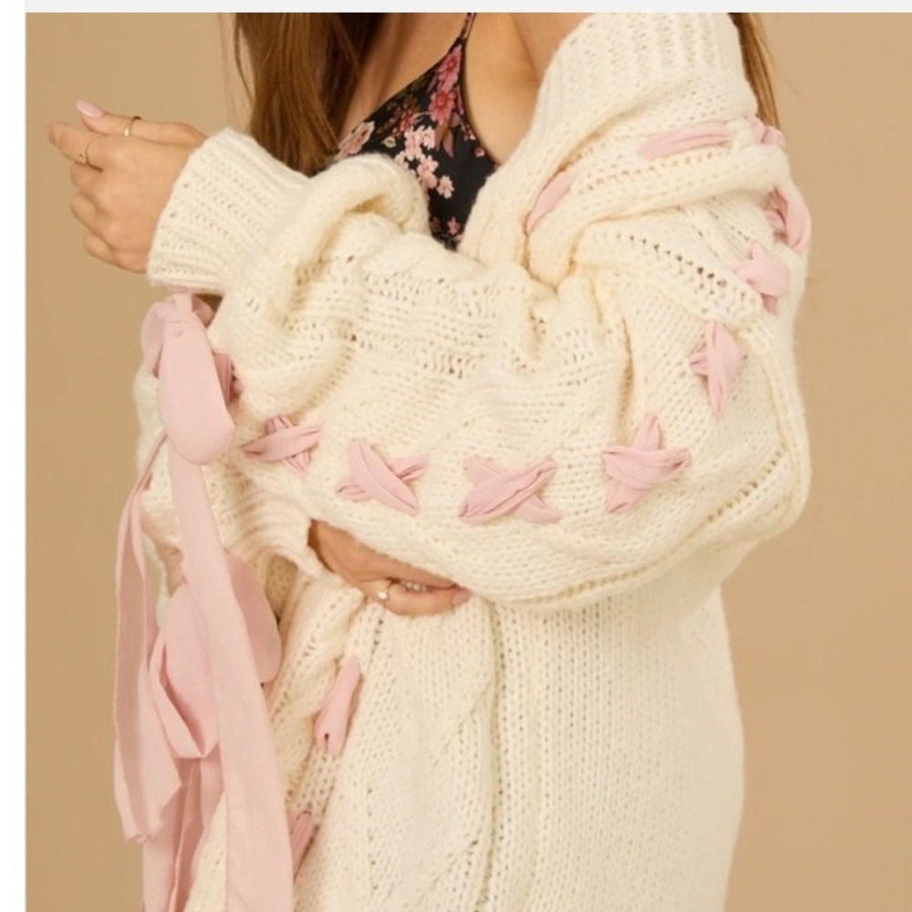 Altar'd State Pink Ribbon Callia Ribbon Cardigan Dainty Coquette